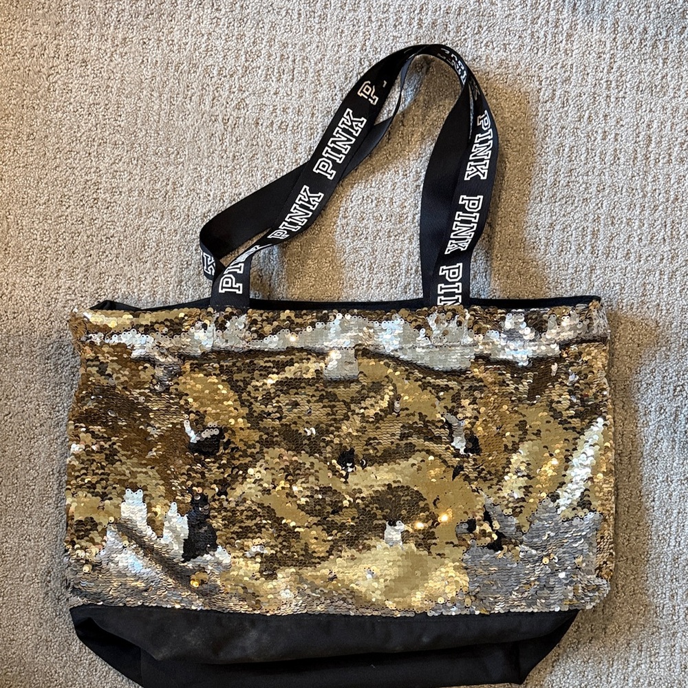 PINK Victoria's Secret Gold and Black Sequin Tote
